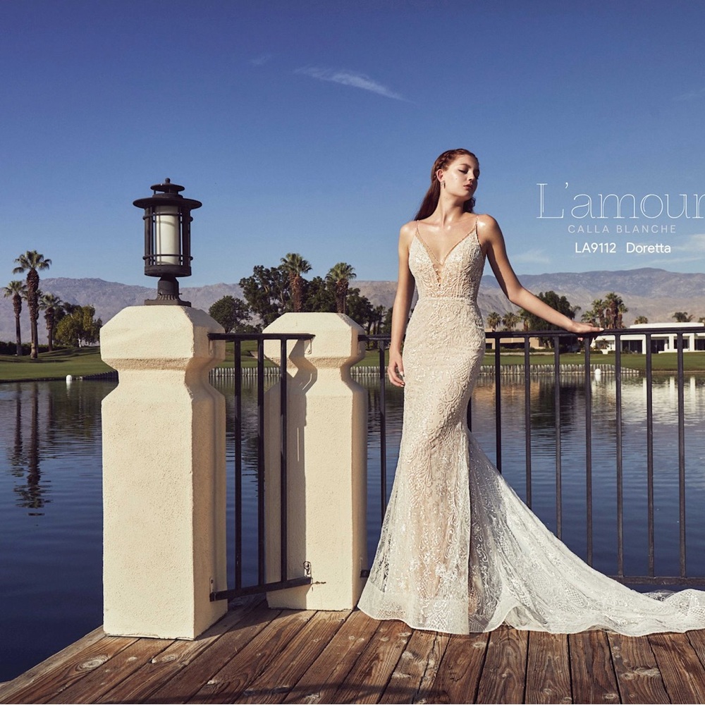 L’Amour Calle Blanche LA9112 Doretta wedding dress in champagne.